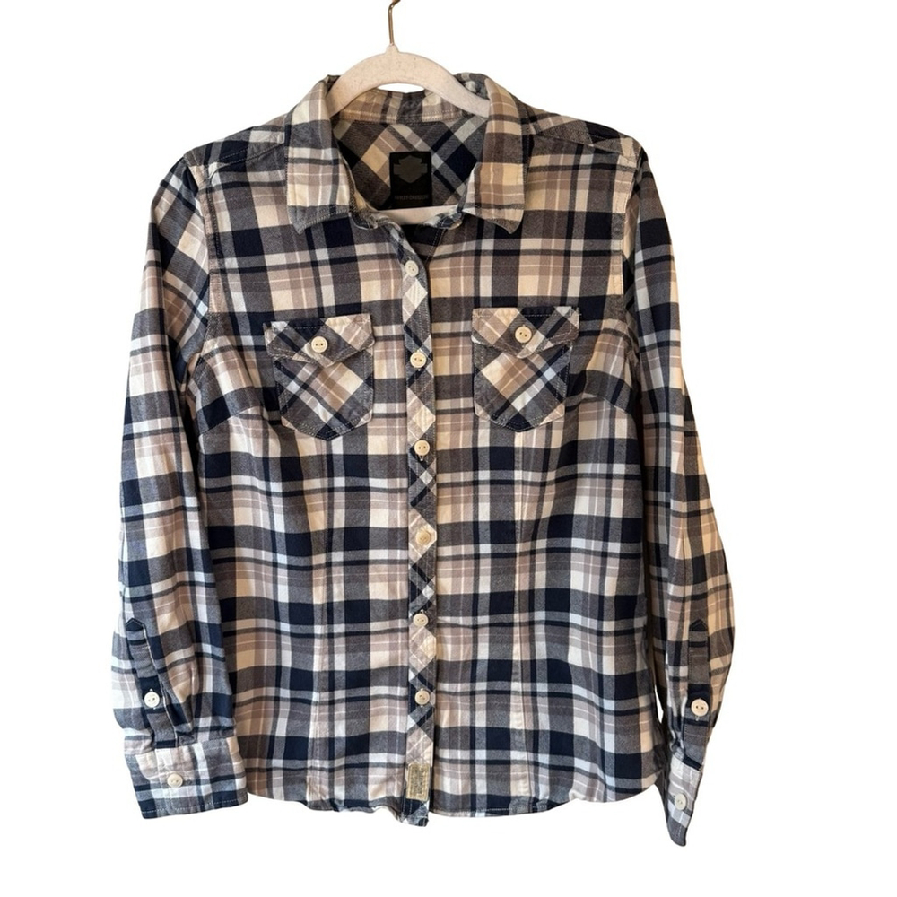 Harley-Davidson Navy and Cream Flannel Plaid Shirt Size M Bikercore Workwear